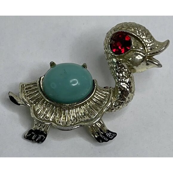 Vintage TURTLE BROOCH Pin Tortoise Rhinestone Cabochon Enamel Costume Jewelry - Picture 3 of 11